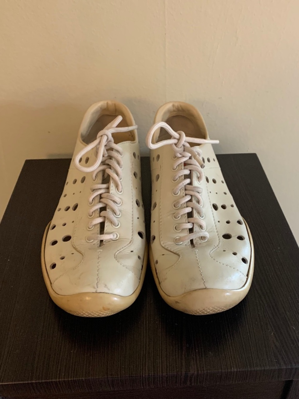 Prada Cream White Perforated Leather Sneakers